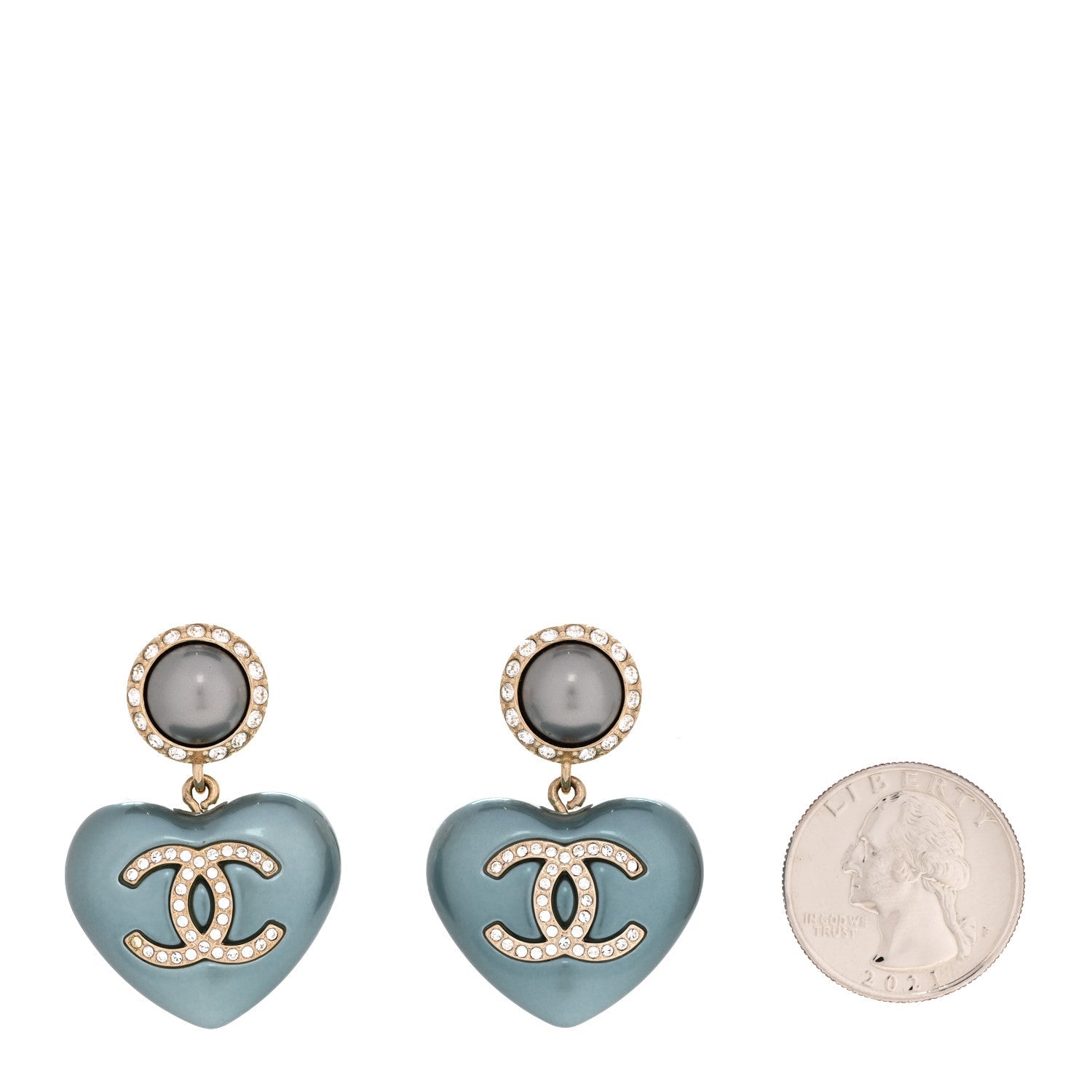 Pearl Crystal CC Heart Drop Earrings Blue