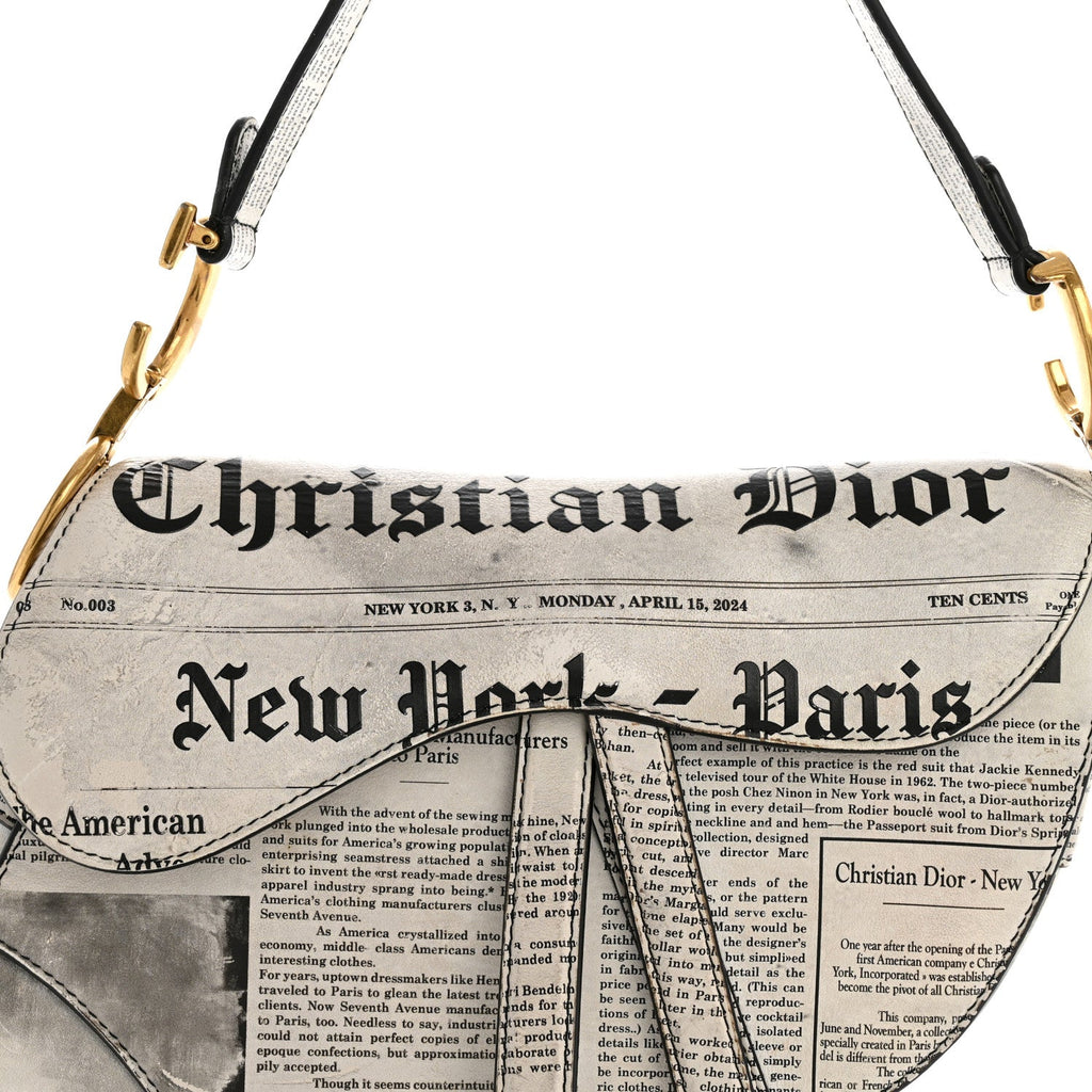 Christian Dior Calfskin Newspaper Printed Saddle Bag Black White