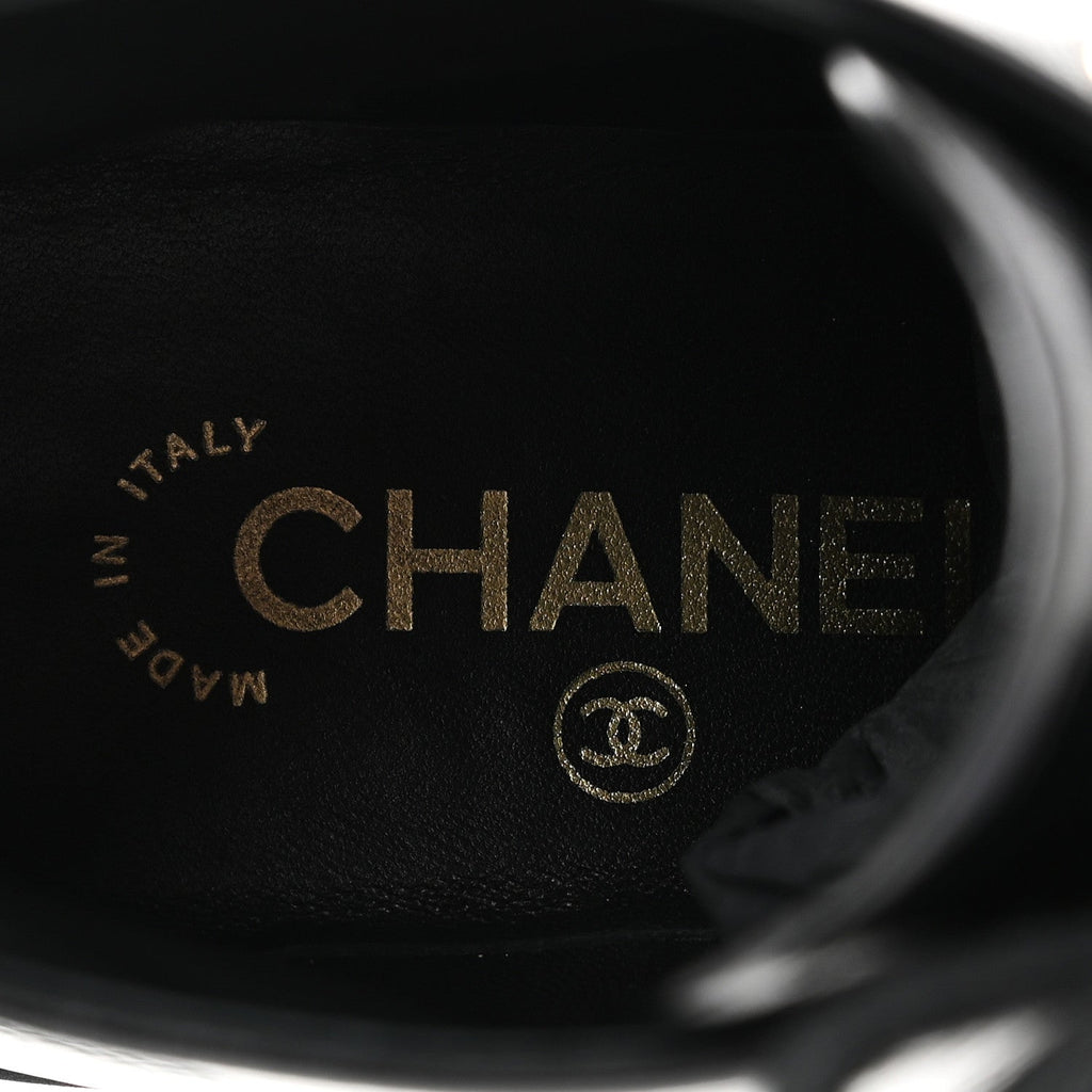Chanel Shiny Calfskin Pearl Lace Up Combat Short Boots 38 Black