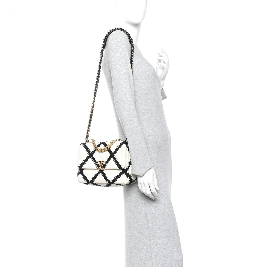 Chanel Calfskin Crochet Medium Chanel 19 Flap White Black