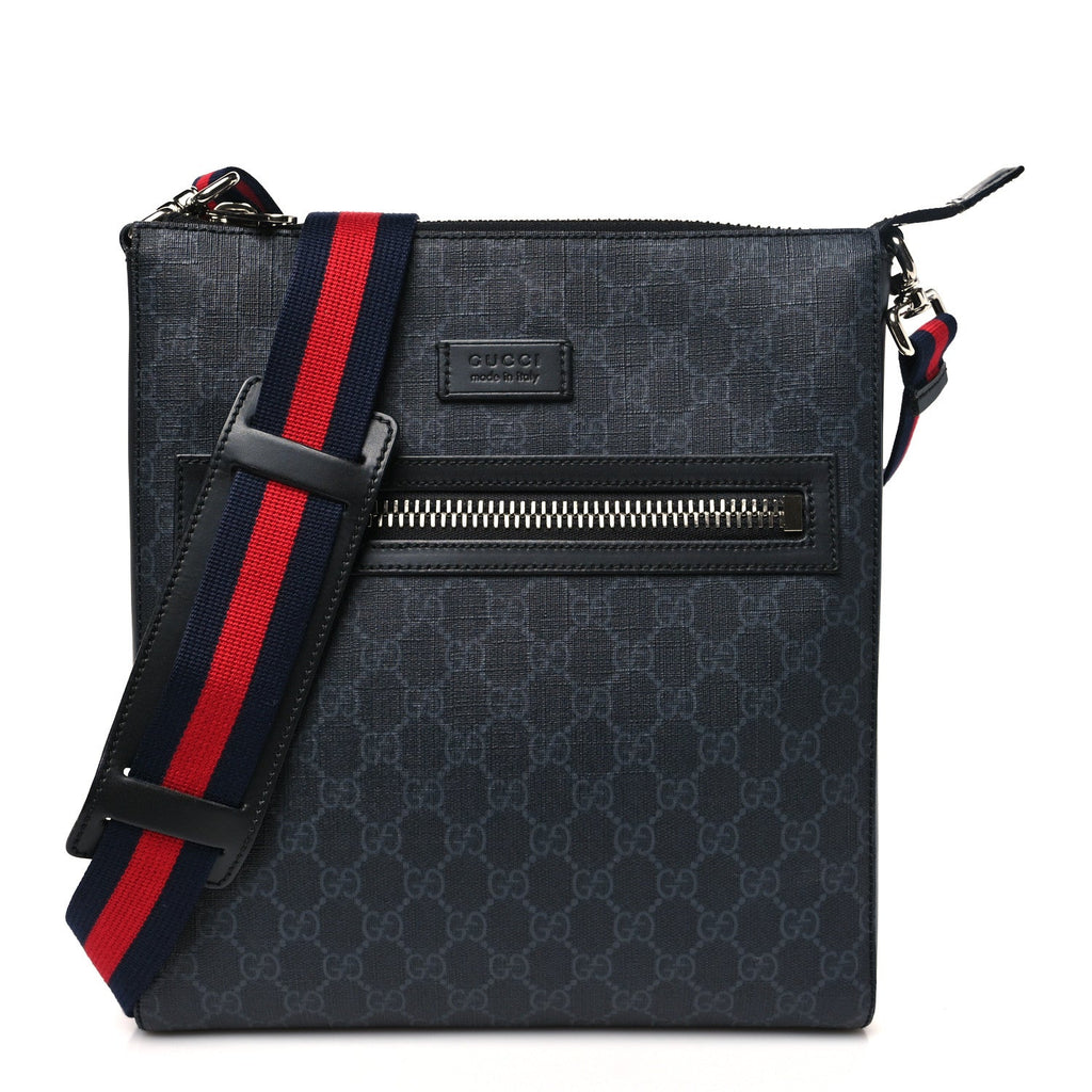 Gucci GG Supreme Monogram Web Small Flat Messenger Bag Black Grey
