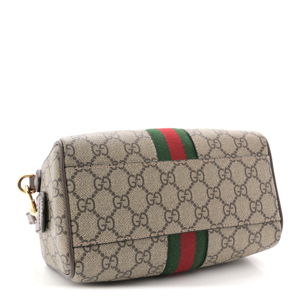 Gucci GG Supreme Monogram Textured Dollar Calfskin Web Mini Ophidia Top Handle Bag Beige Ebony New Acero