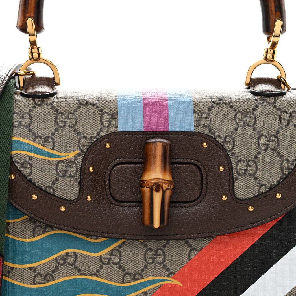 Gucci GG Supreme Monogram Studded Calfskin Centum Medium Bamboo 1947 Top Handle Bag Beige Ebony Multicolor