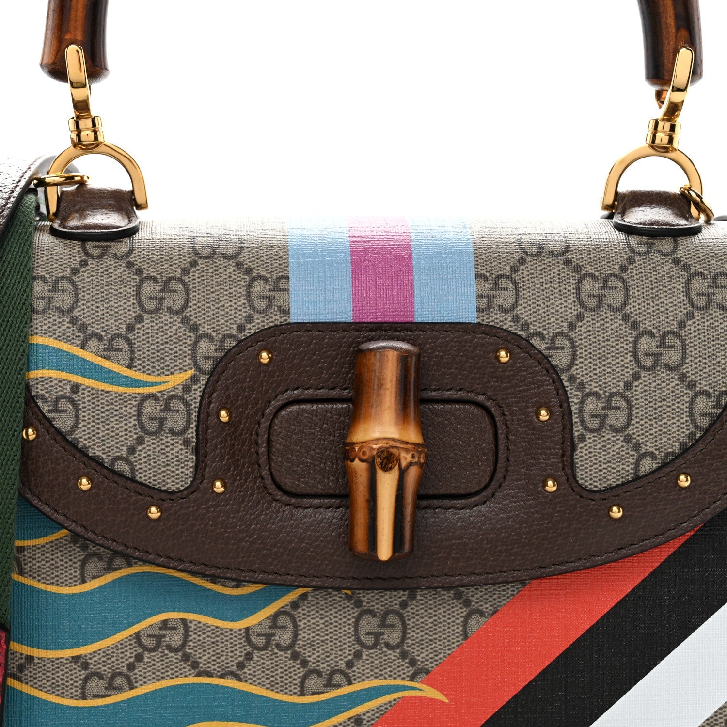 Gucci GG Supreme Monogram Studded Calfskin Centum Medium Bamboo 1947 Top Handle Bag Beige Ebony Multicolor