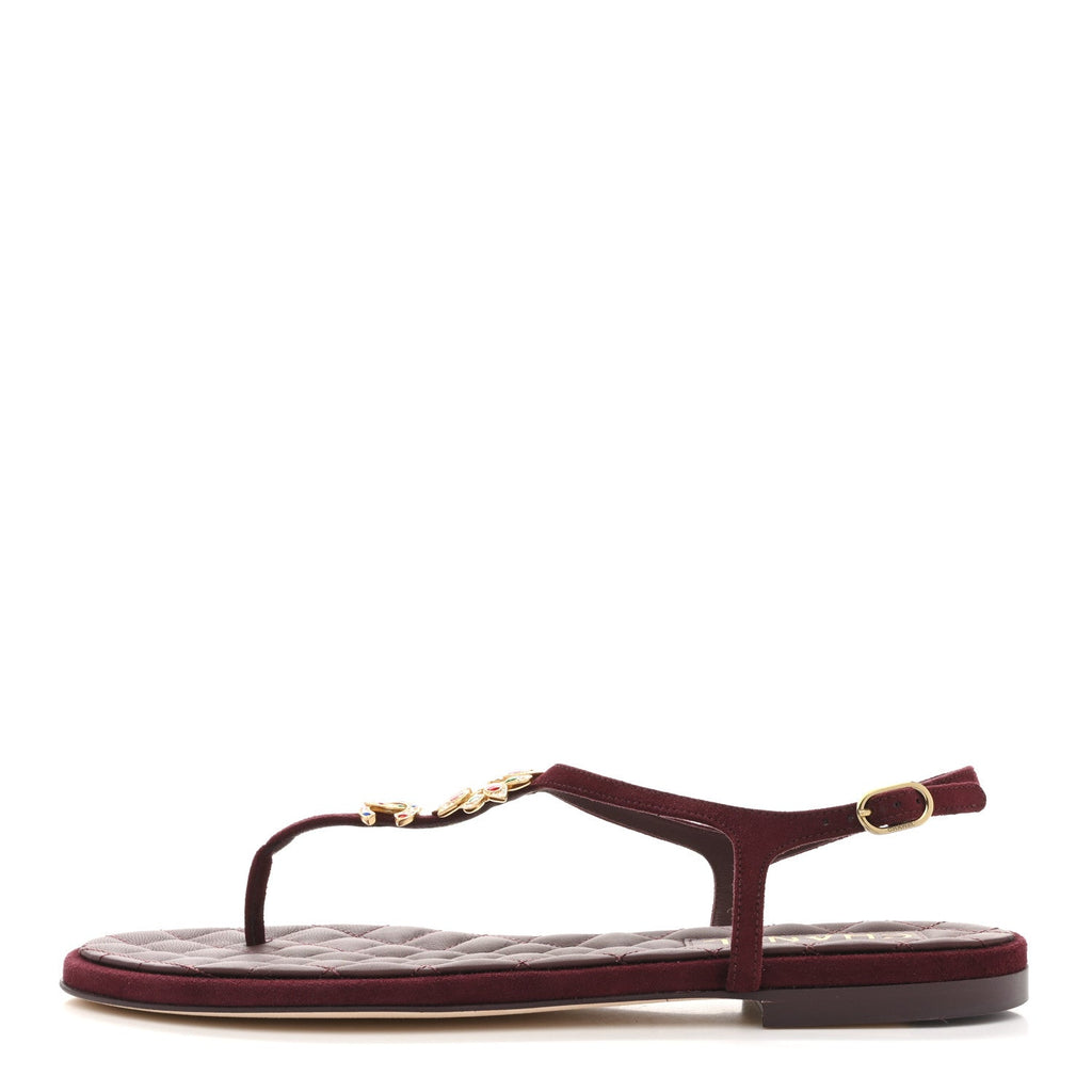 Chanel Suede Calfskin CC Crystal Thong Sandals 40.5 Burgundy