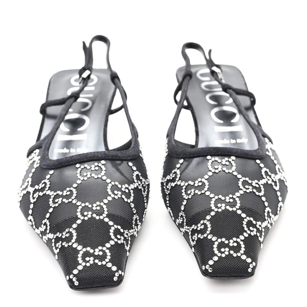 Gucci Tela Retino Kid Scamosciato Crystal GG Monogram Square G 35mm Slingback Pumps 39.5 Black
