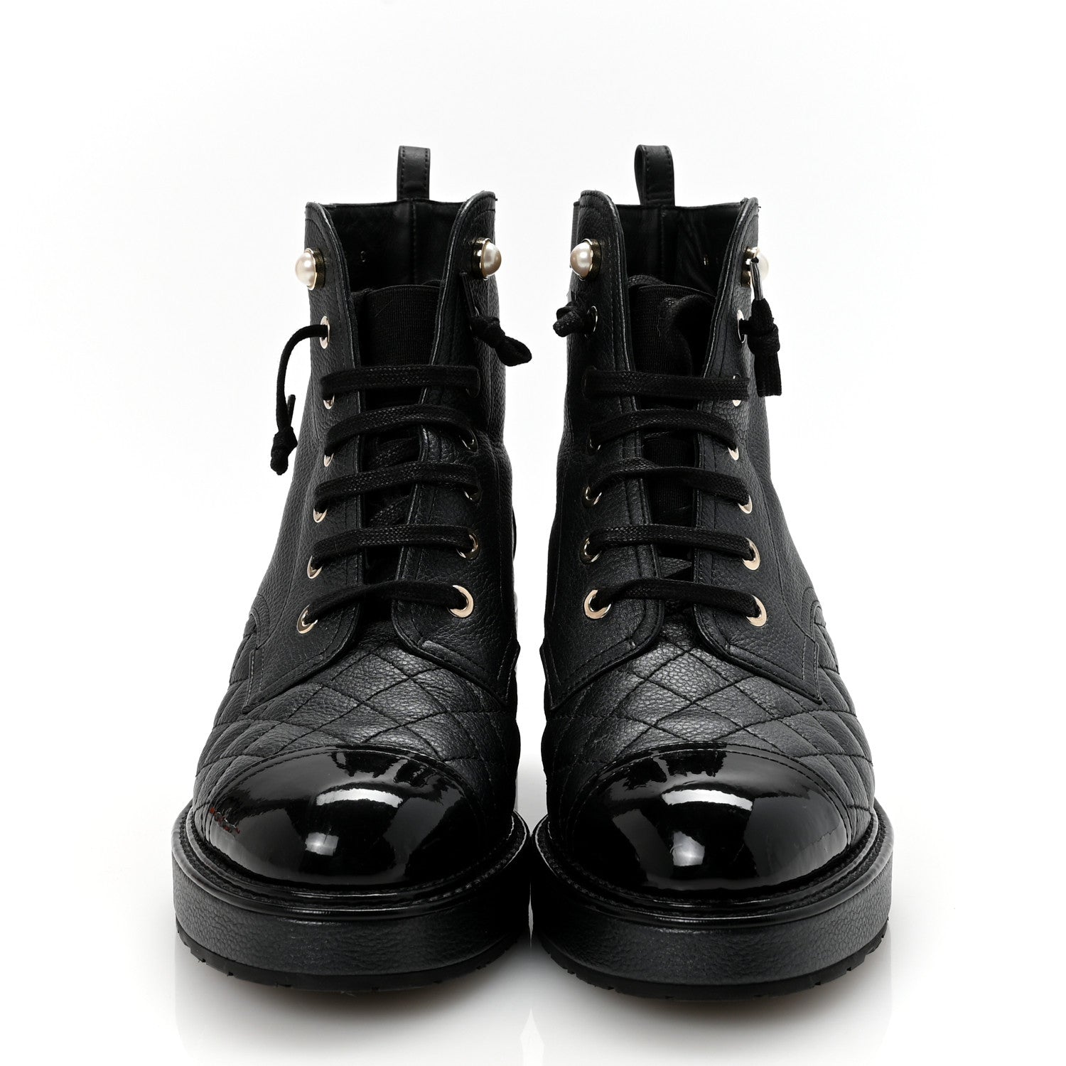 Pearly Calfskin Patent Calfskin Lace Up Combat Boots 37 Black