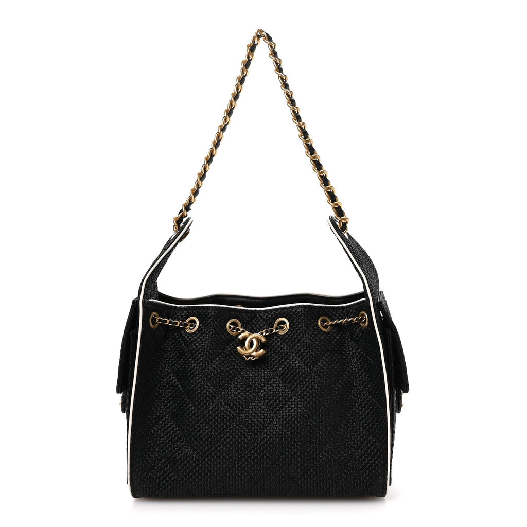 Chanel Braided Raffia Calfskin Small Chanel 25 Handbag Black White