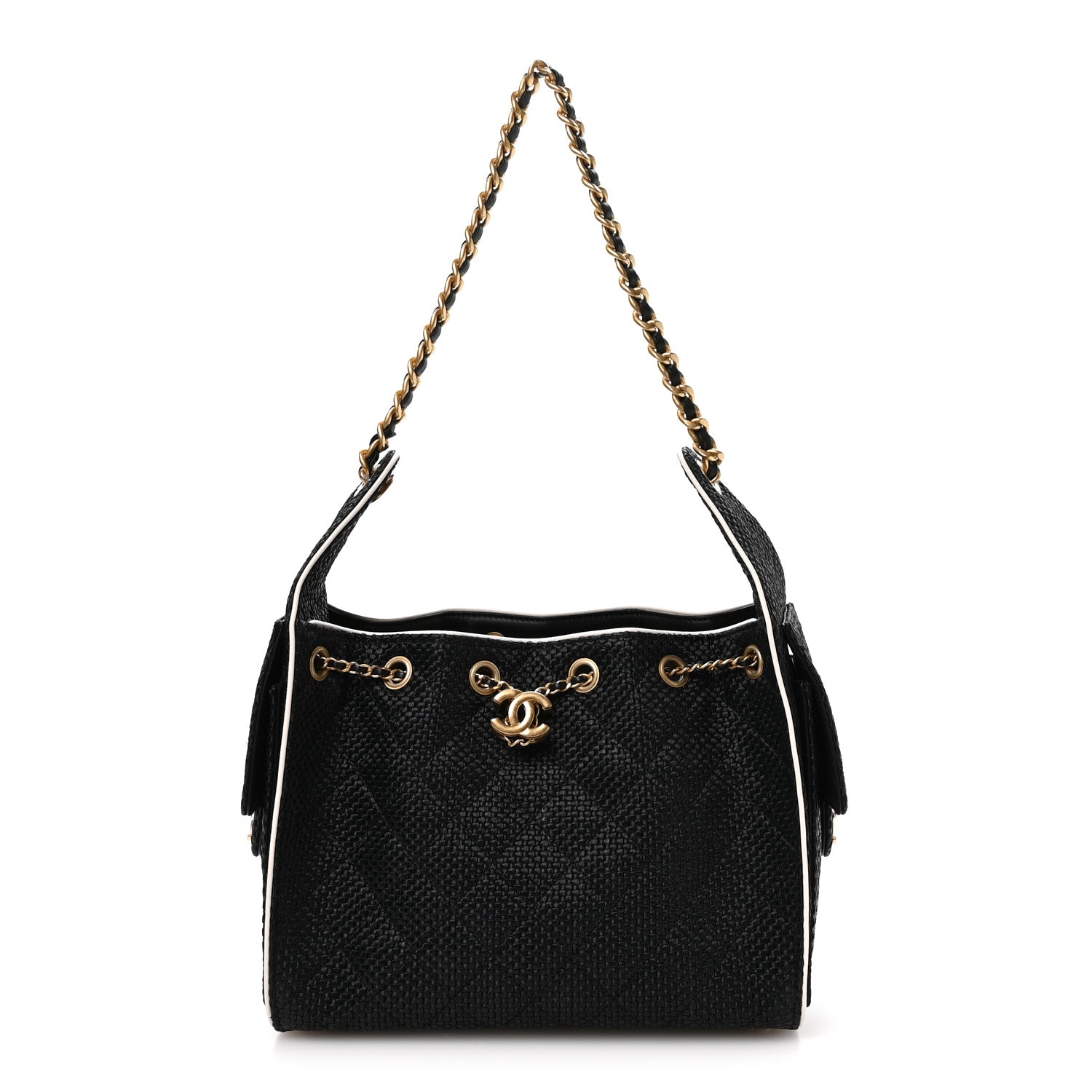 Chanel Braided Raffia Calfskin Small Chanel 25 Handbag Black White