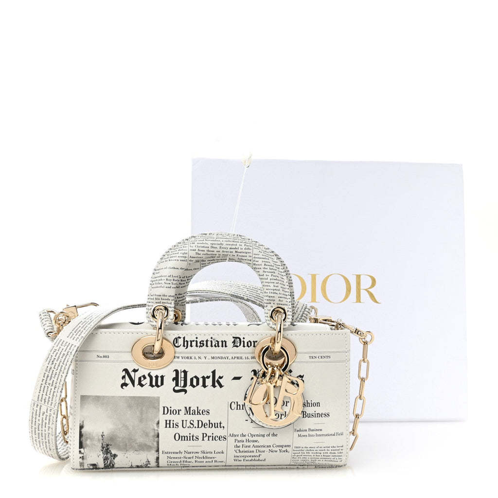Christian Dior Calfskin Newspaper Printed Small Lady D-Joy Black White