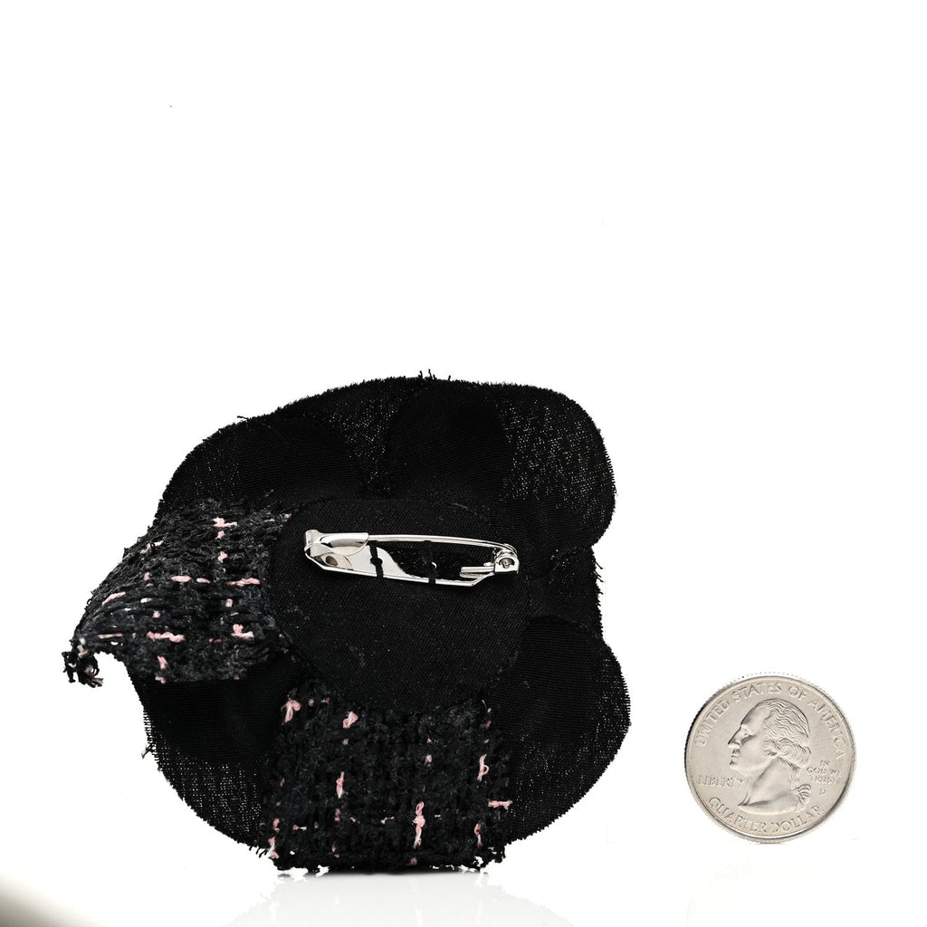 Chanel Tweed Camellia Pin Brooch Black Pink