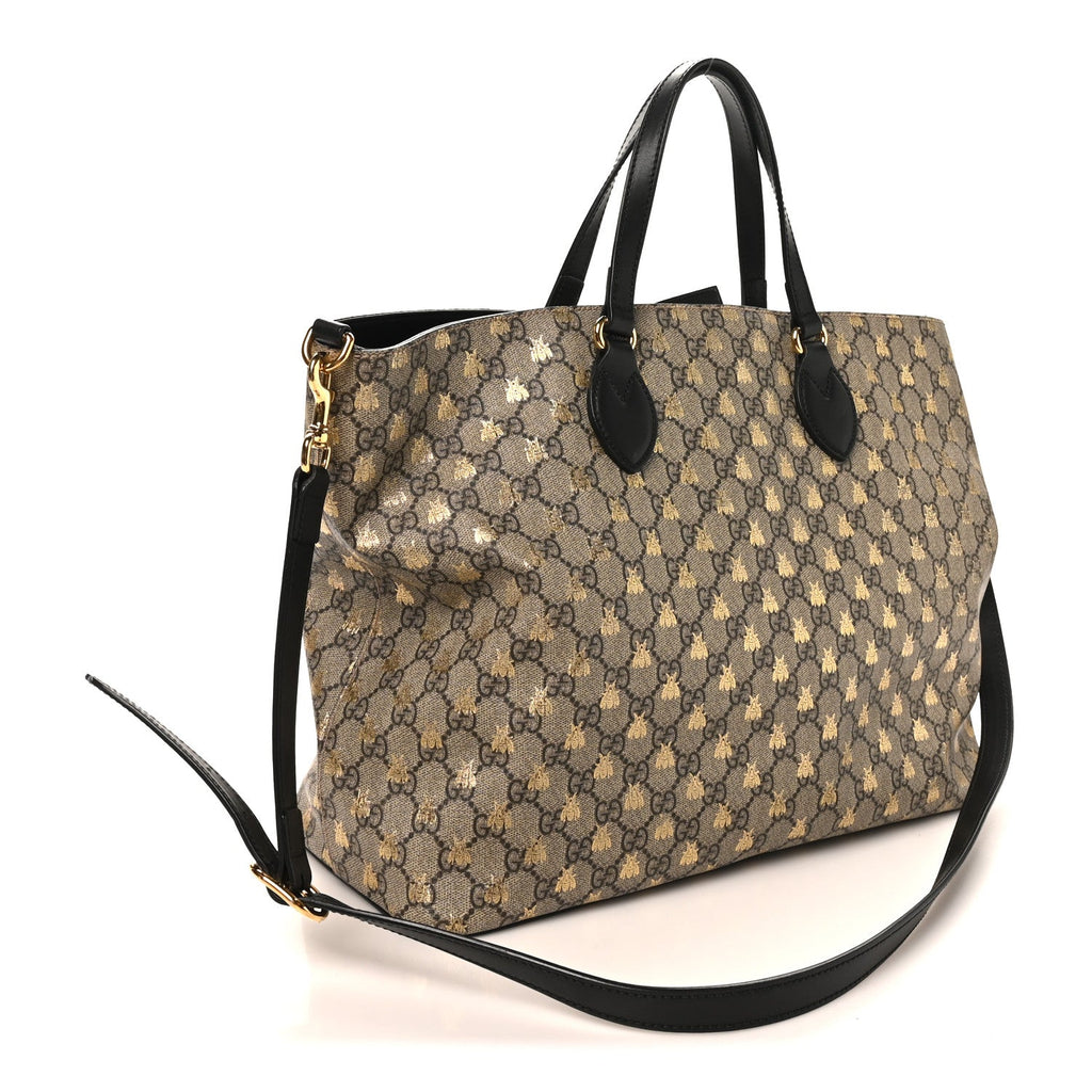 Gucci Soft GG Supreme Monogram Bees Medium Crossbody Tote Beige Oro Black