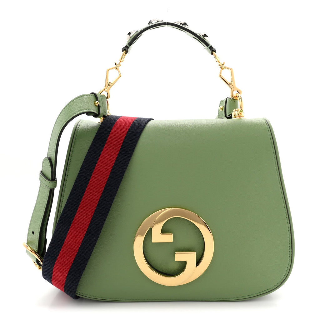 Gucci Roxy Calfskin Web Medium Blondie Top Handle Shoulder Flap Bag Salamander Green