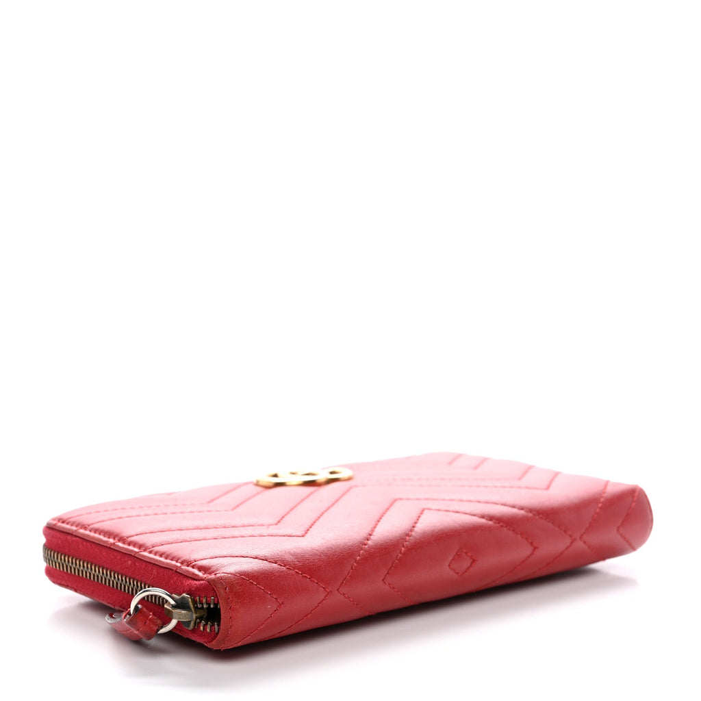 Gucci Calfskin Matelasse GG Marmont Zip Around Wallet Hibiscus Red
