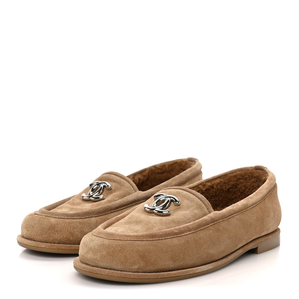 Chanel Suede Calfskin CC Loafers 36 Dark Beige