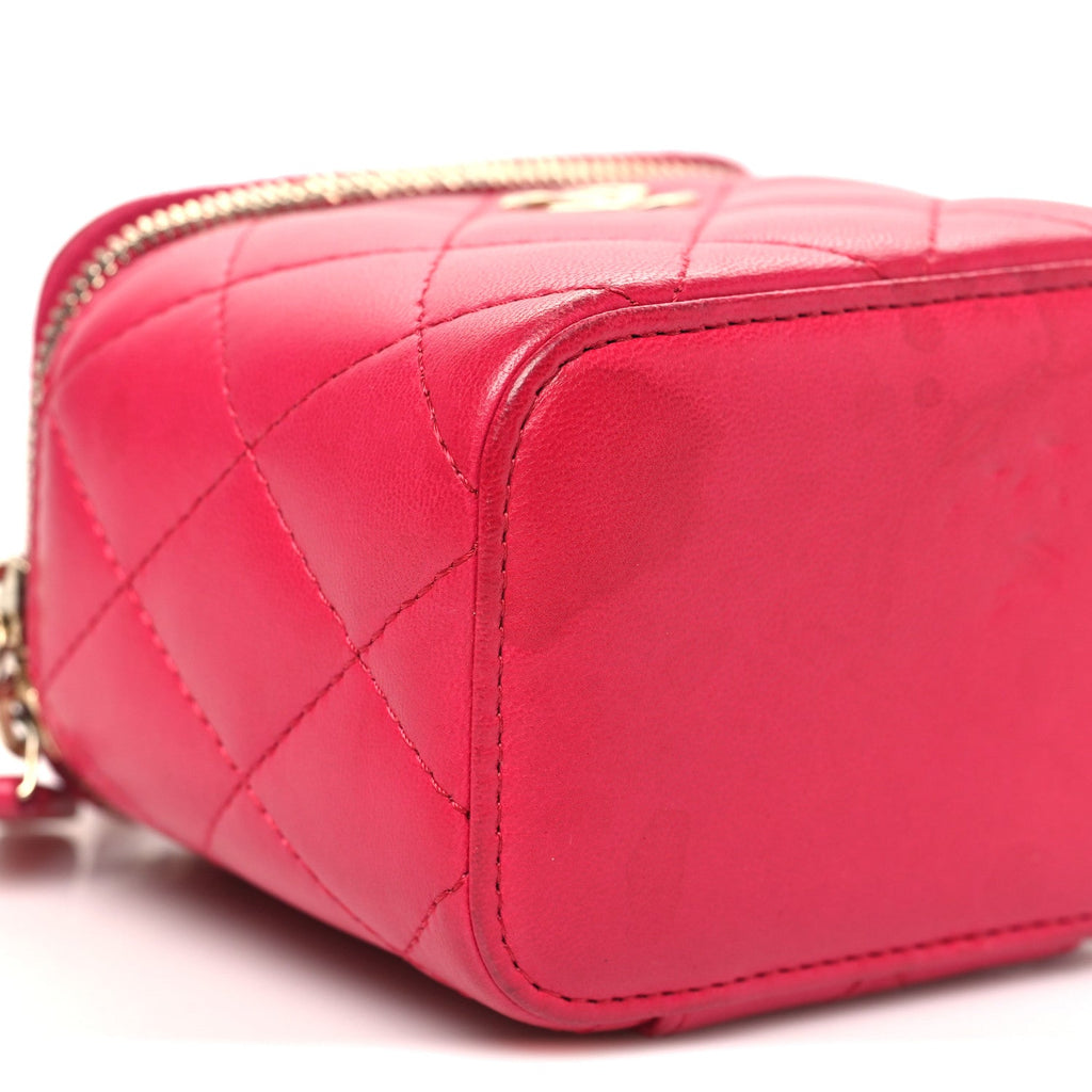 Chanel Lambskin Quilted Mini Top Handle Vanity Case With Chain Dark Pink
