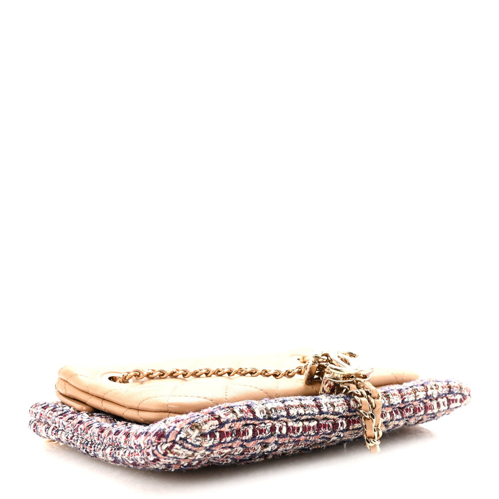 Chanel Tweed Lambskin Quilted Pouch Beige Multicolor