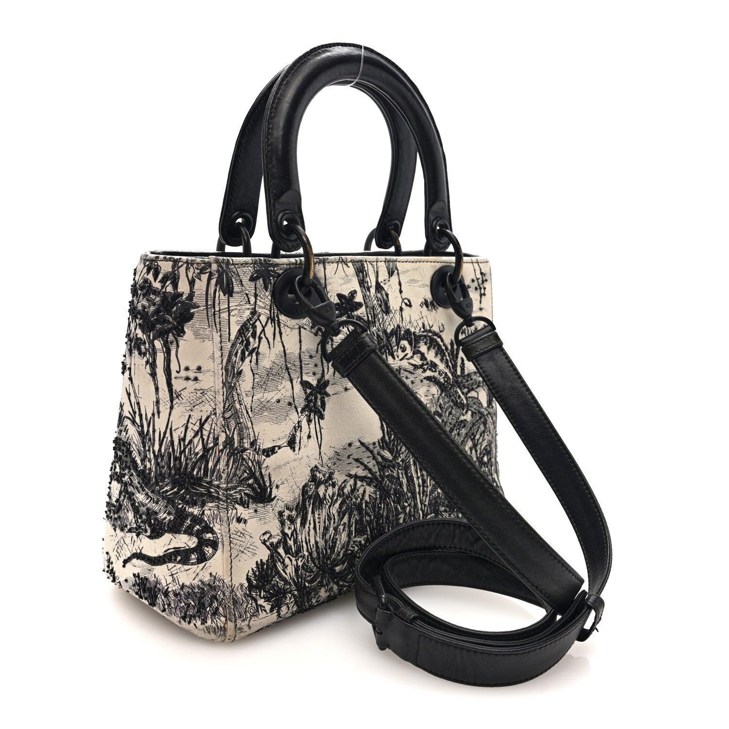 Christian Dior Calfskin Toile de Jouy Carnivora Medium Lady Dior White Black