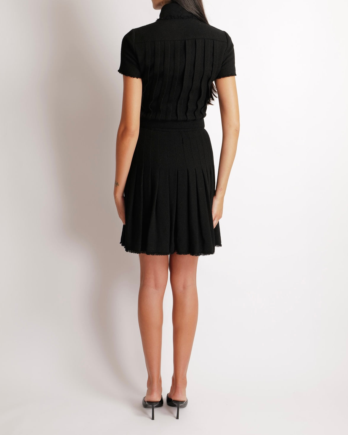 Chanel 07/AW Black Wool Belted Short-Sleeved Mini Dress with Black and Silver CC Logo Buttons and Frayed Trims Detail Size FR 34 (UK 6)