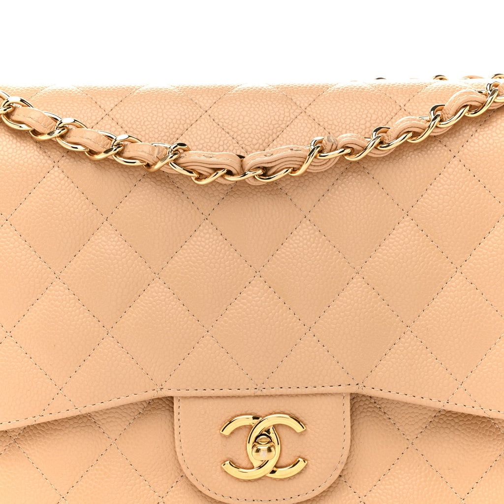Chanel Caviar Quilted Jumbo Double Flap Beige
