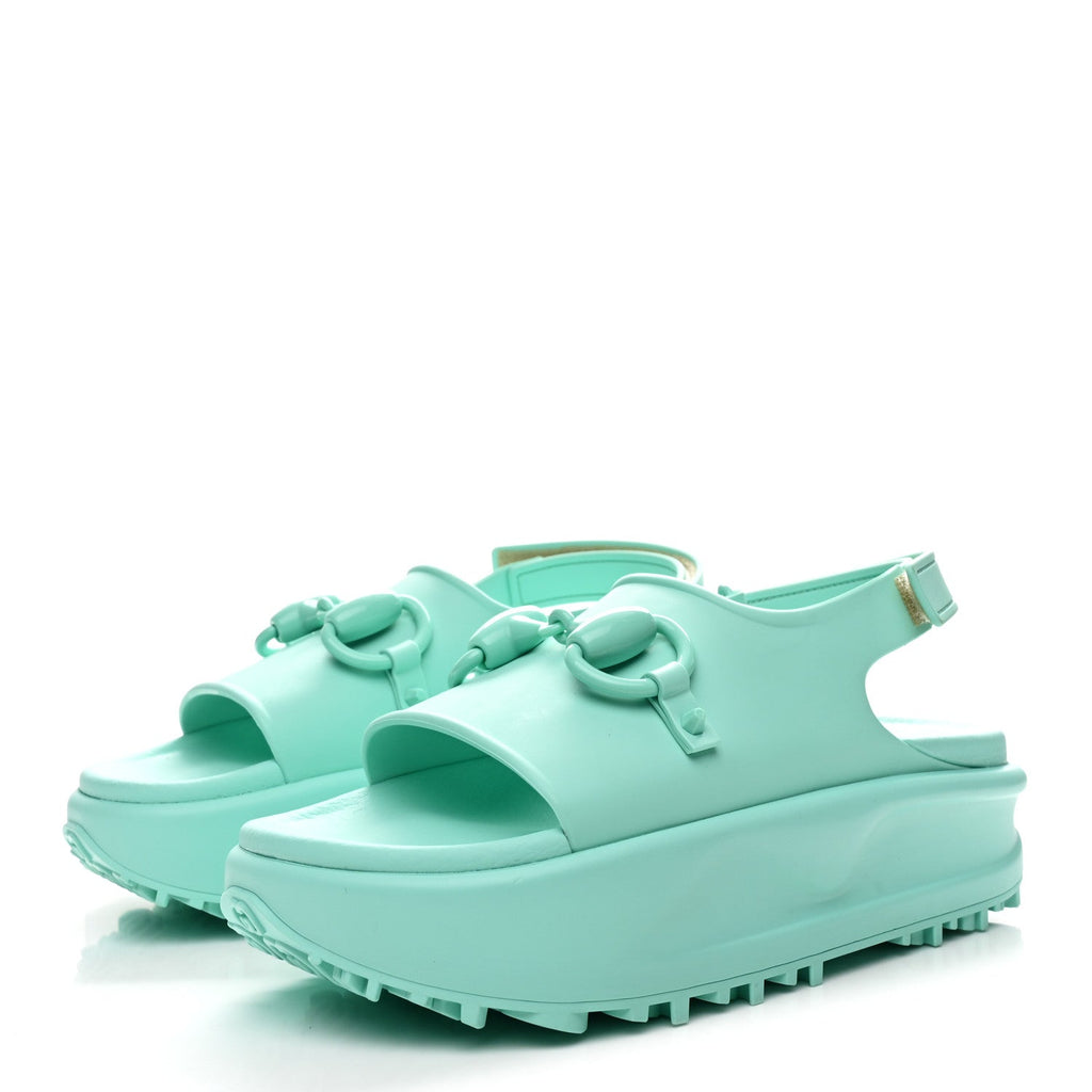 Gucci Soft Rubber Horsebit Womens Slingback Sandals 37 Teal Cyan