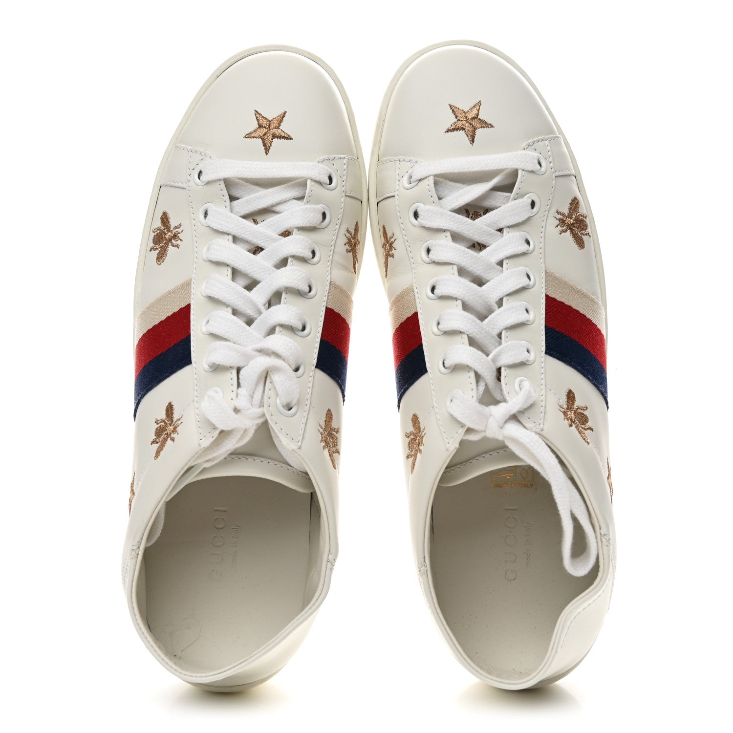 Gucci Calfskin Bee Star Embroidered Sylvie Web Ace Sneakers 37.5 White