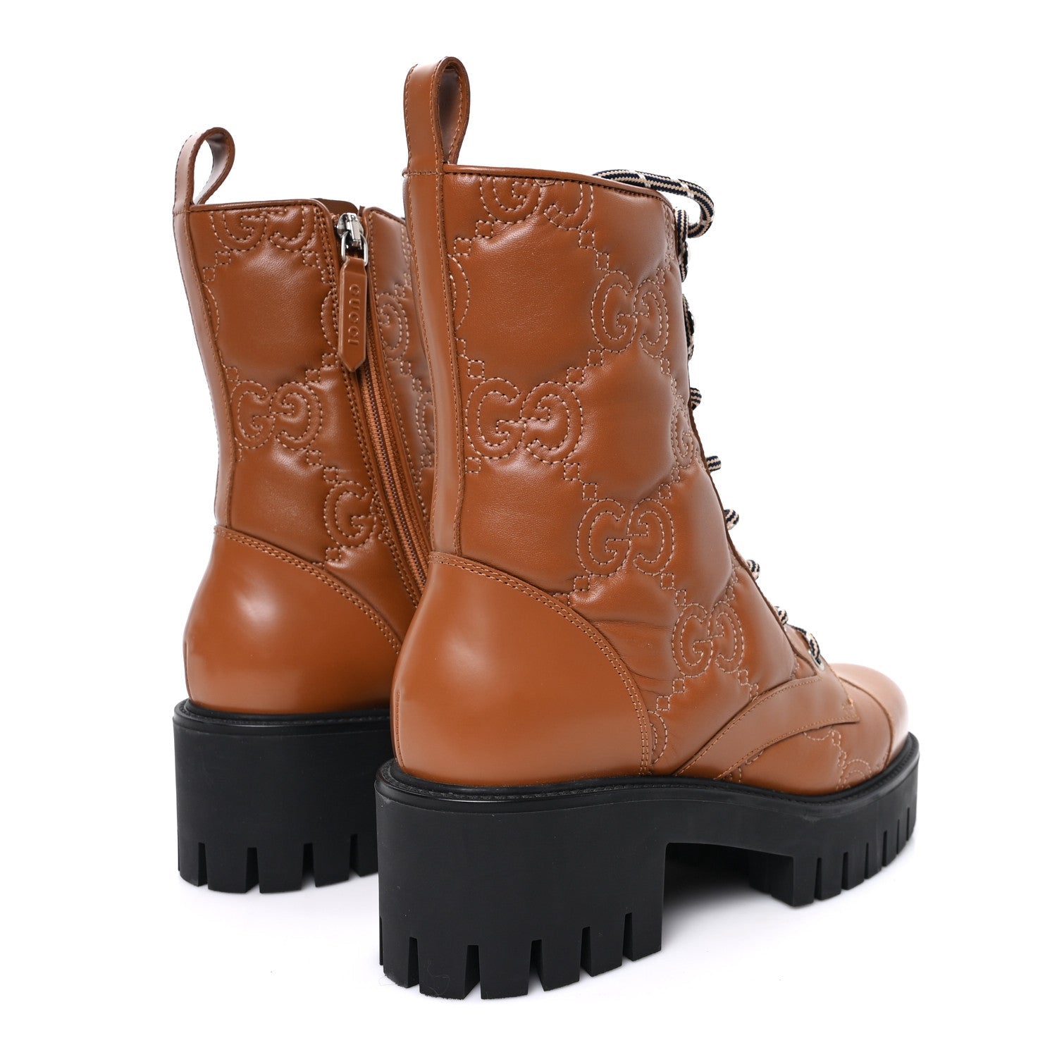 Gucci Cordovan Lux Nappa GG Matelasse Lace Up 60mm Combat Boots 37.5 Dark Hazel Brown