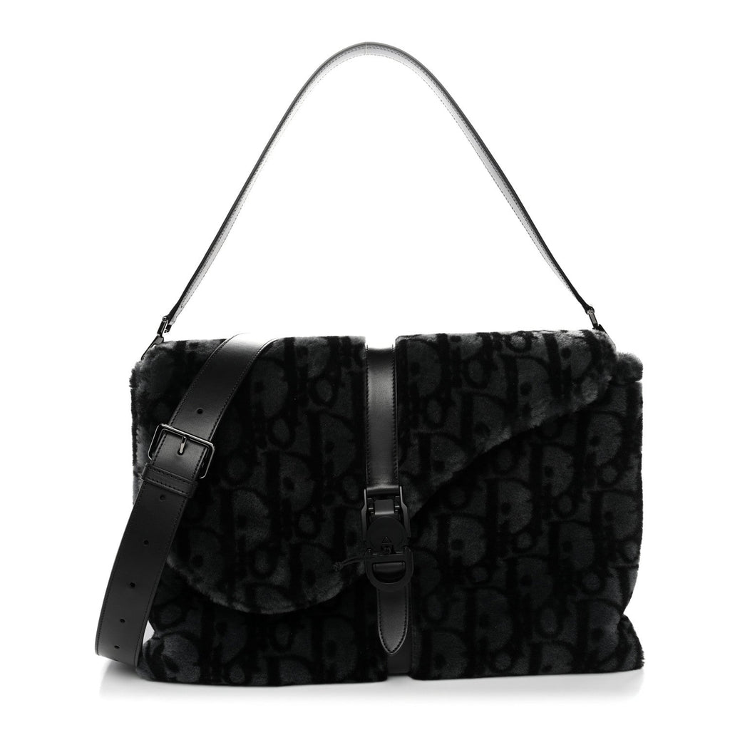 Christian Dior Oblique Mink Fur Saddle Soft Bag Dark Grey