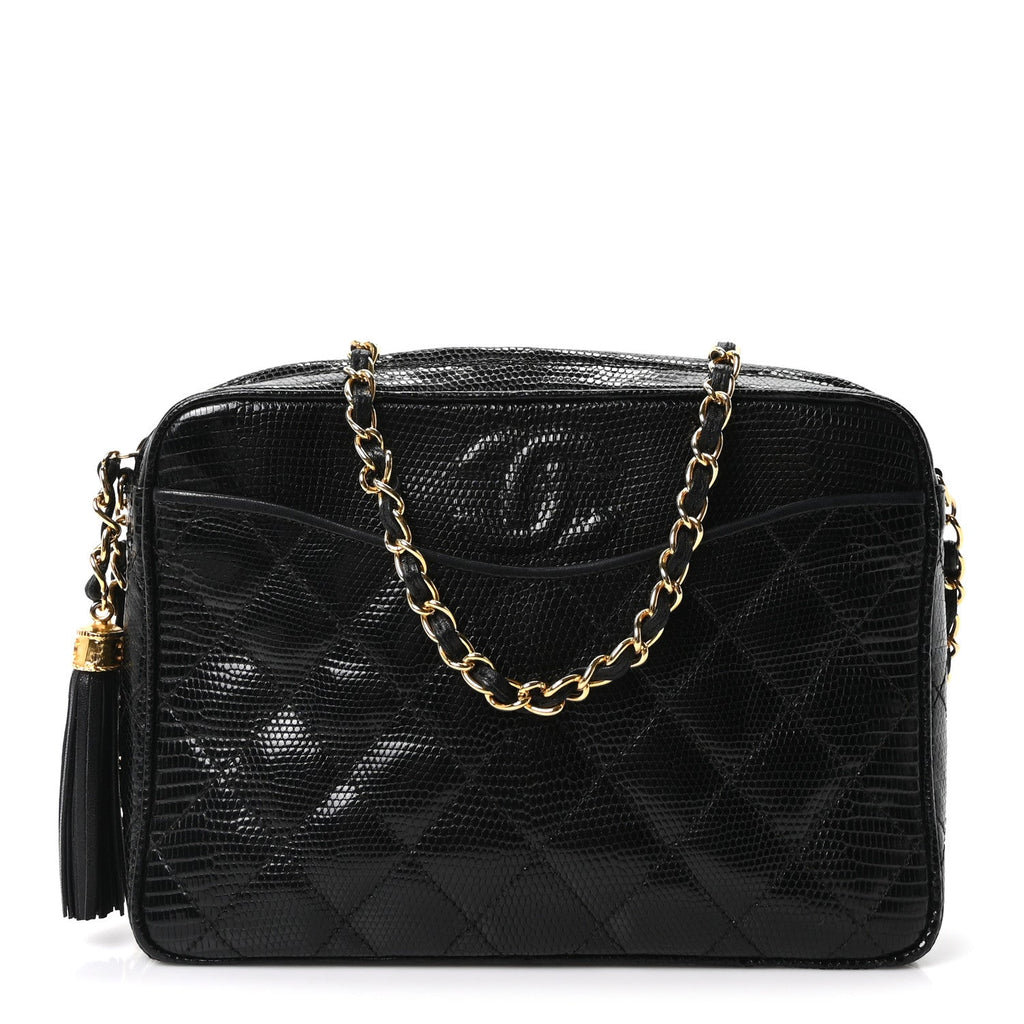 Chanel Lizard Quilted Small Tassel Camera Case Black