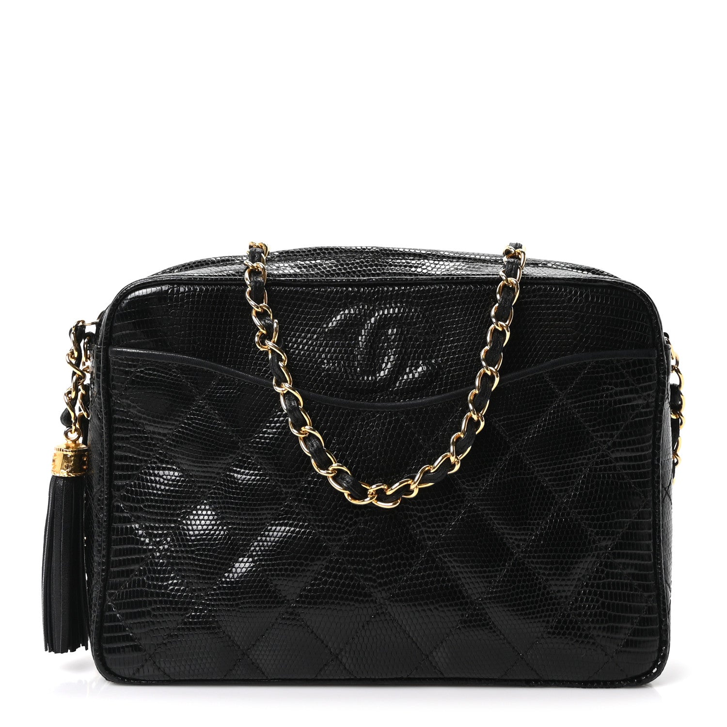Chanel Lizard Quilted Small Tassel Camera Case Black