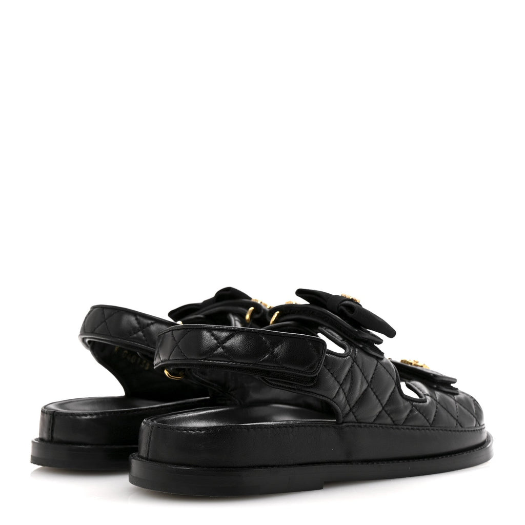 Lambskin Velcro CC Pearl Bow Dad Sandals 38 Black