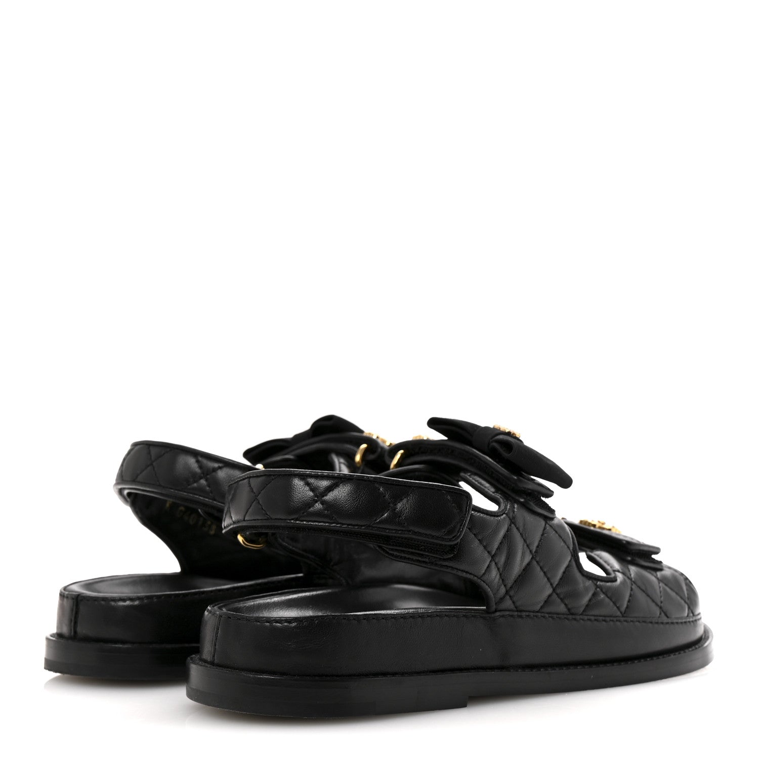 Lambskin Velcro CC Pearl Bow Dad Sandals 38 Black