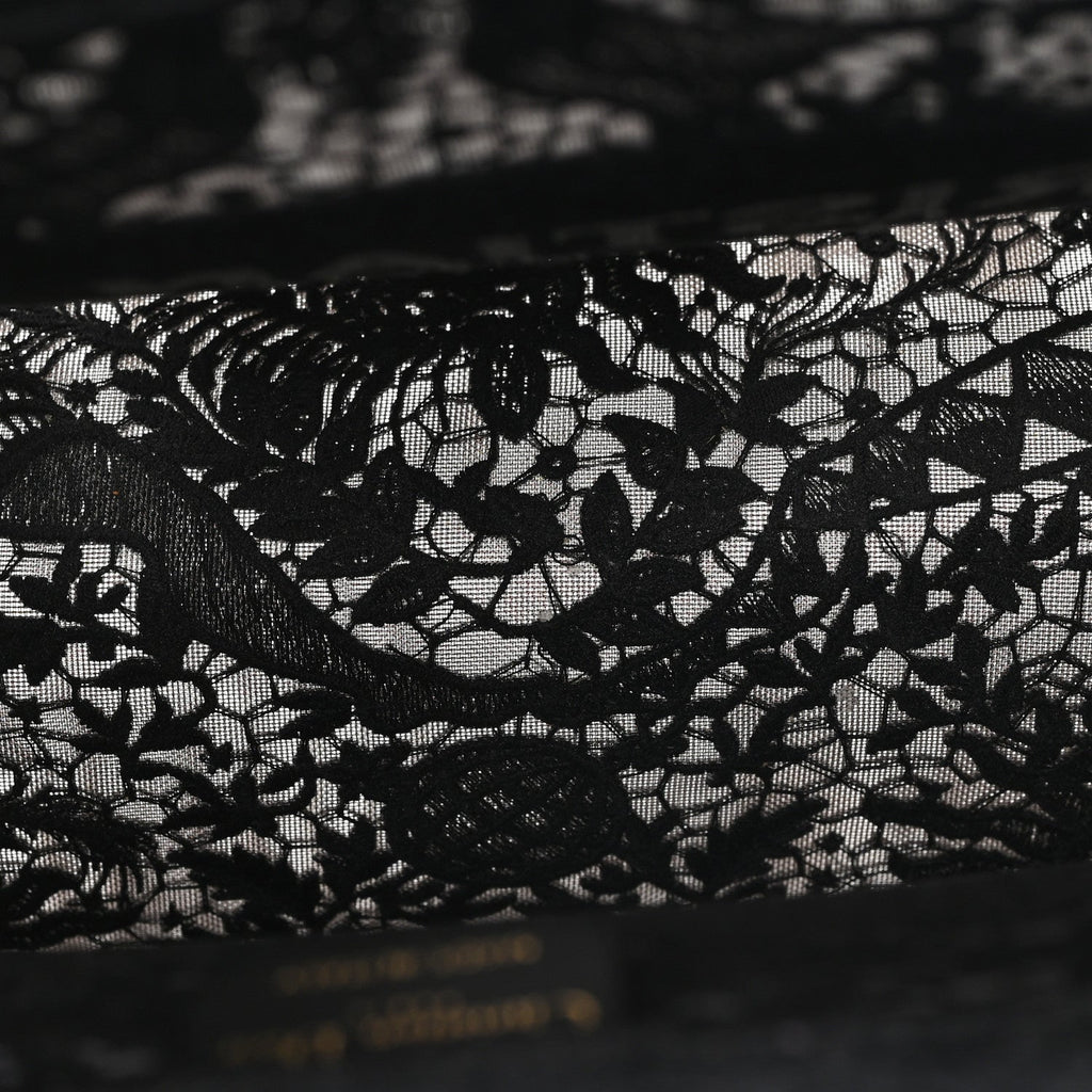 Christian Dior Canvas Embroidered Mesh Macrame Medium Toile de Jouy Soleil Book Tote Black