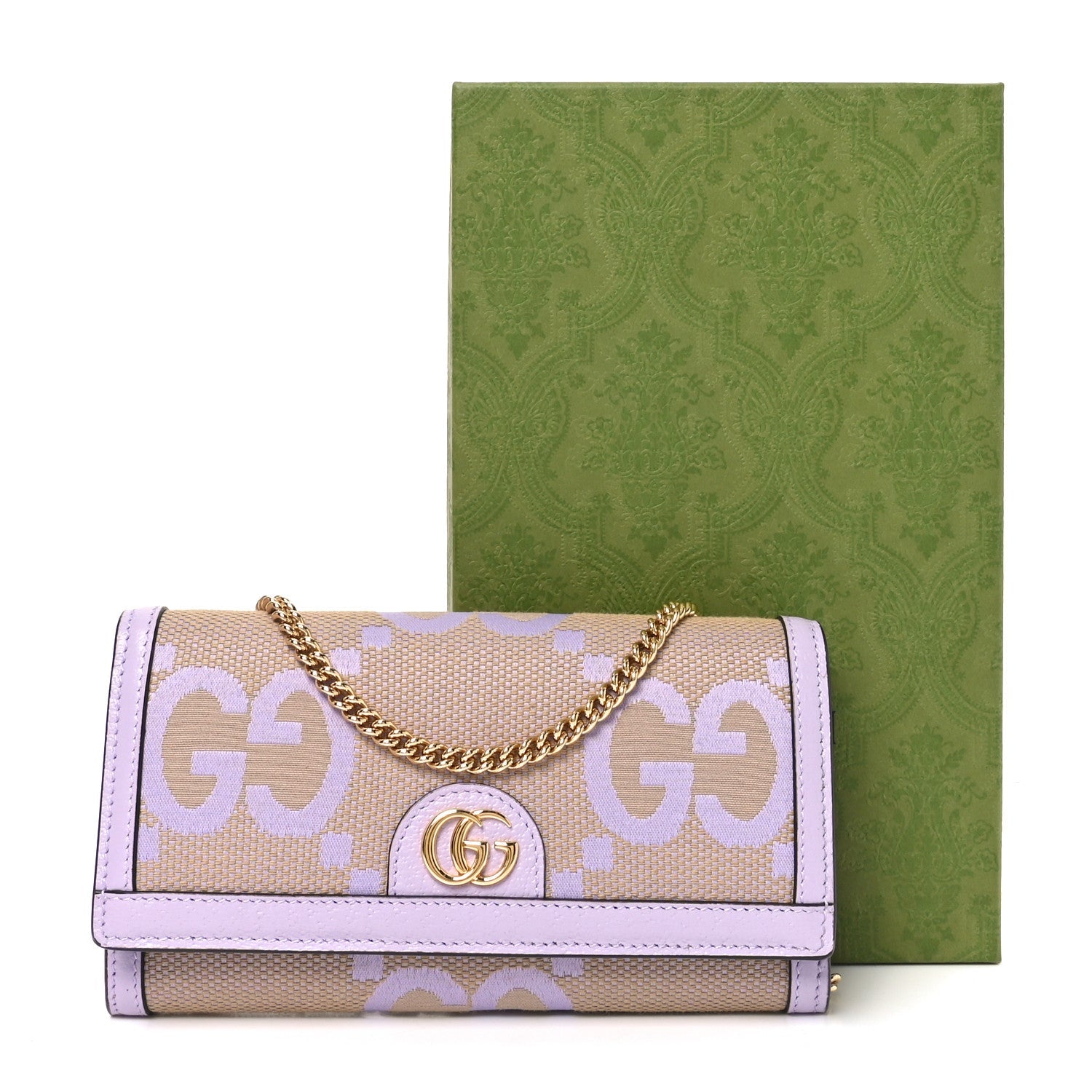 Gucci Monogram Jumbo GG Textured Dollar Calfskin Ophidia Continental Wallet On Chain Beige Lapis
