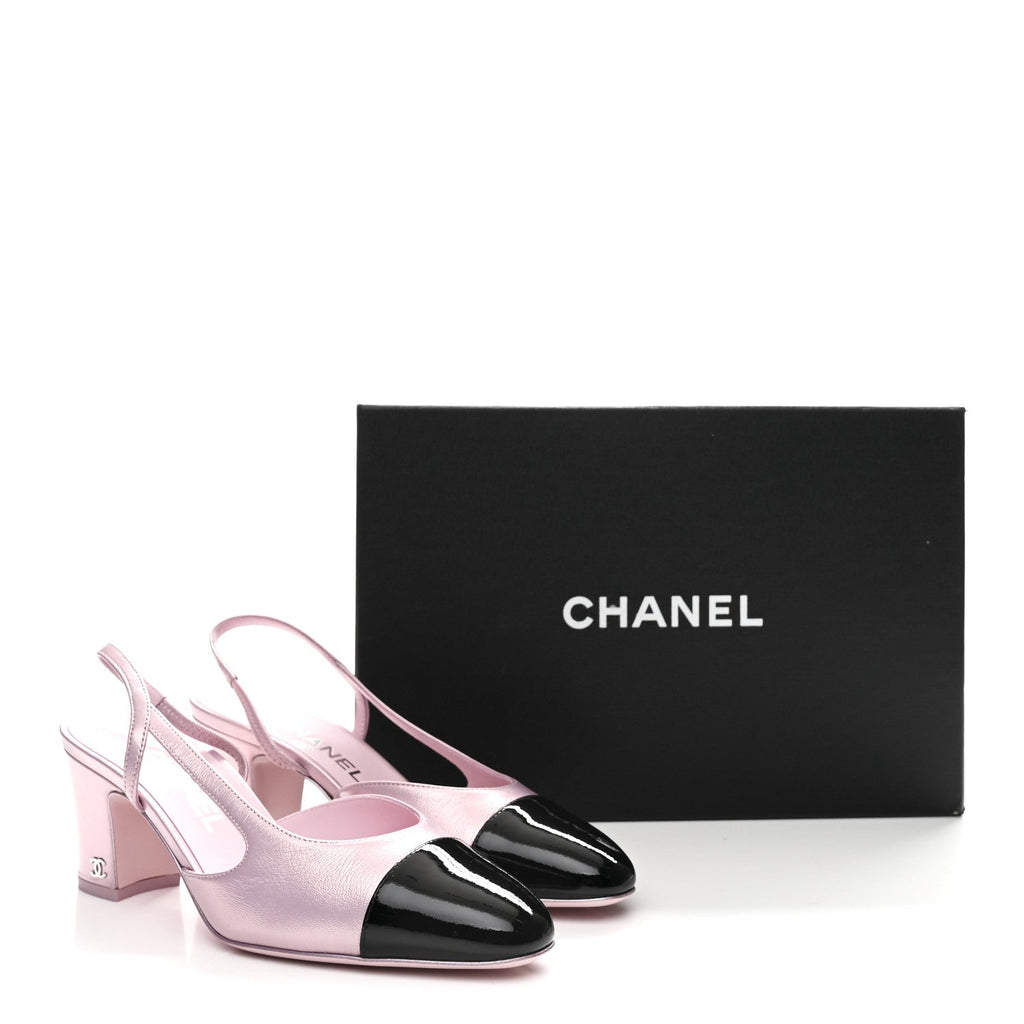 Laminated Lambskin Patent Cap Toe CC Slingback Pumps 37 Light Pink Black