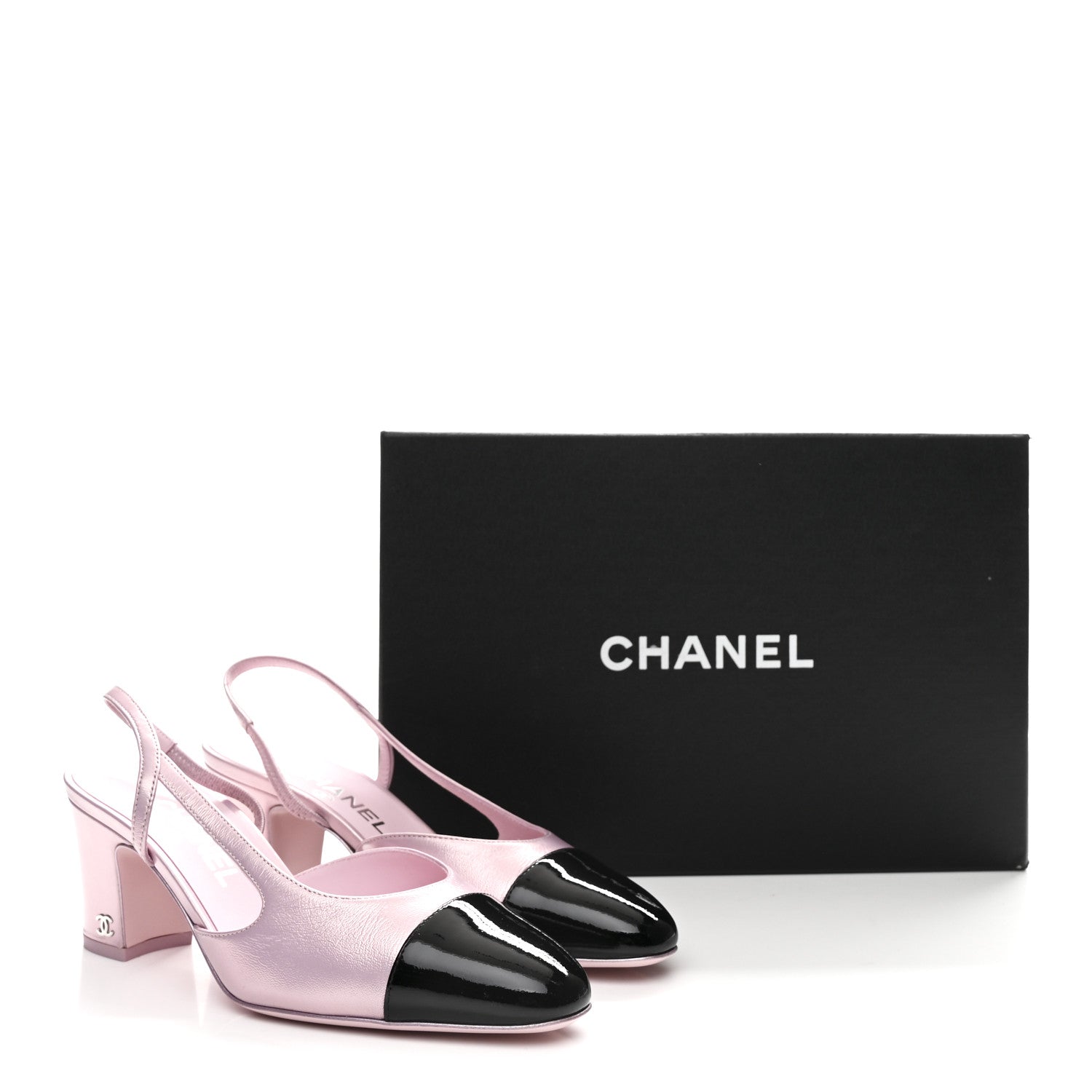 Laminated Lambskin Patent Cap Toe CC Slingback Pumps 37 Light Pink Black