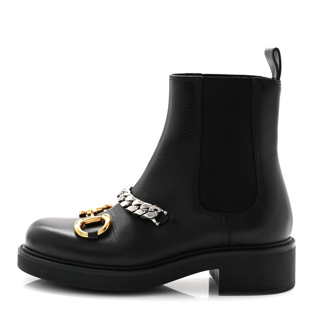 Gucci Flores Calfskin Horsebit Chain Ankle Boots 35.5 Black