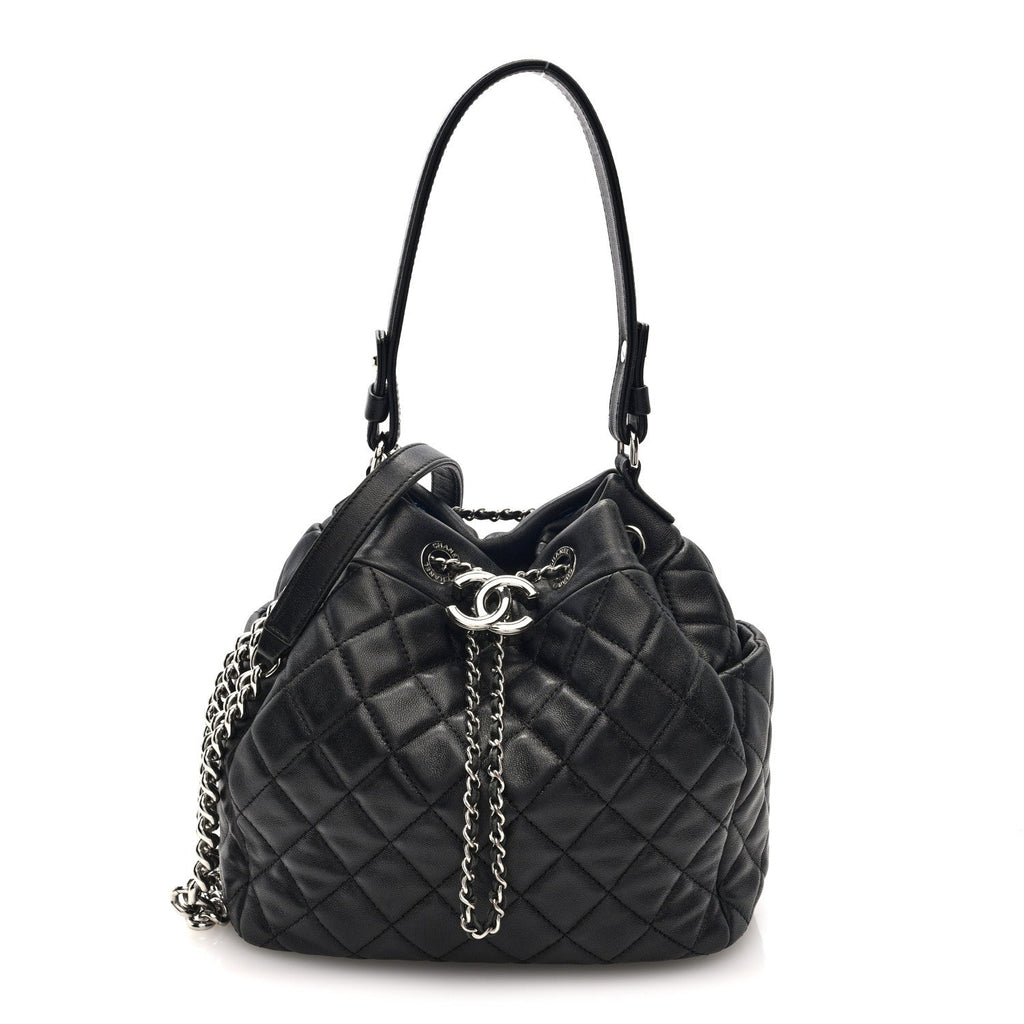 Chanel Lambskin Quilted CC Chain Drawstring Tote Black