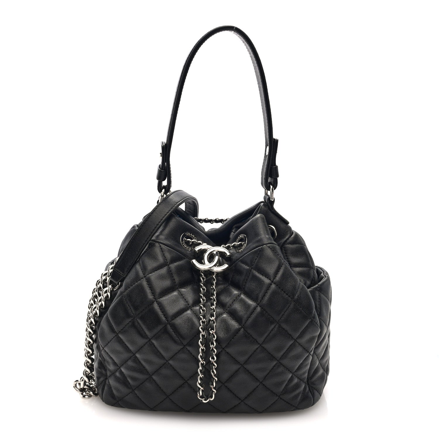 Chanel Lambskin Quilted CC Chain Drawstring Tote Black