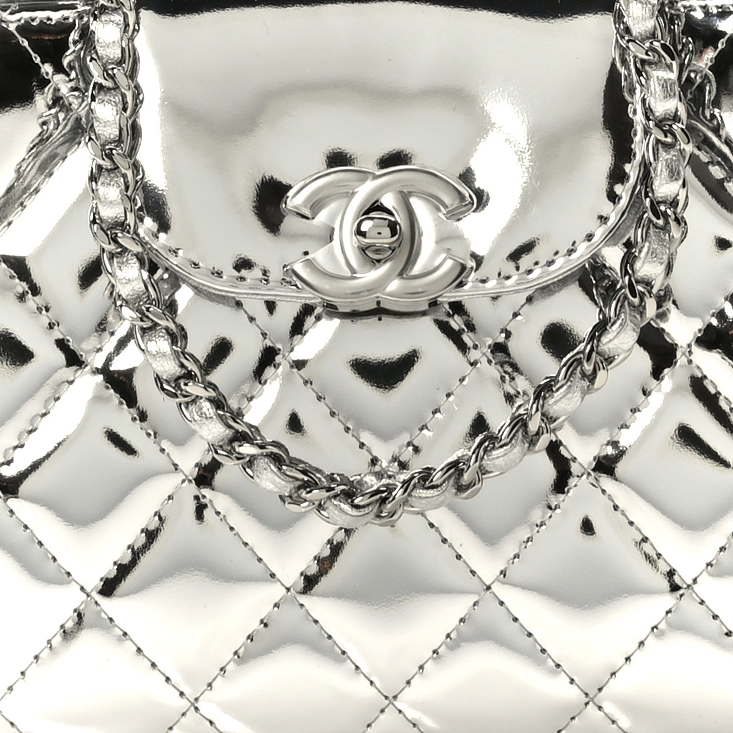 Chanel Mirror Calfskin Metallic Calfskin Quilted Nano Kelly Shopper Silvery