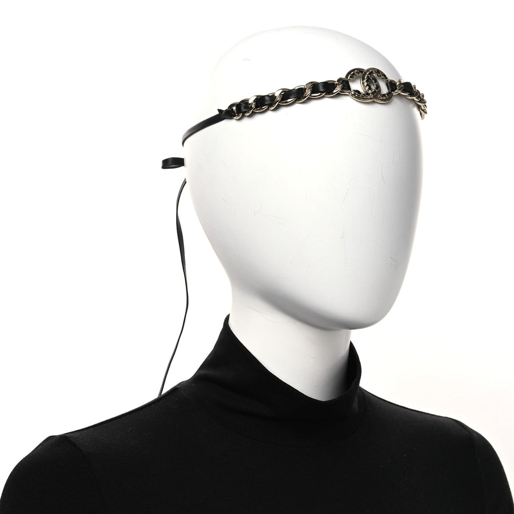 Metal Lambskin Crystal CC Chain Tie Headband Gold Black
