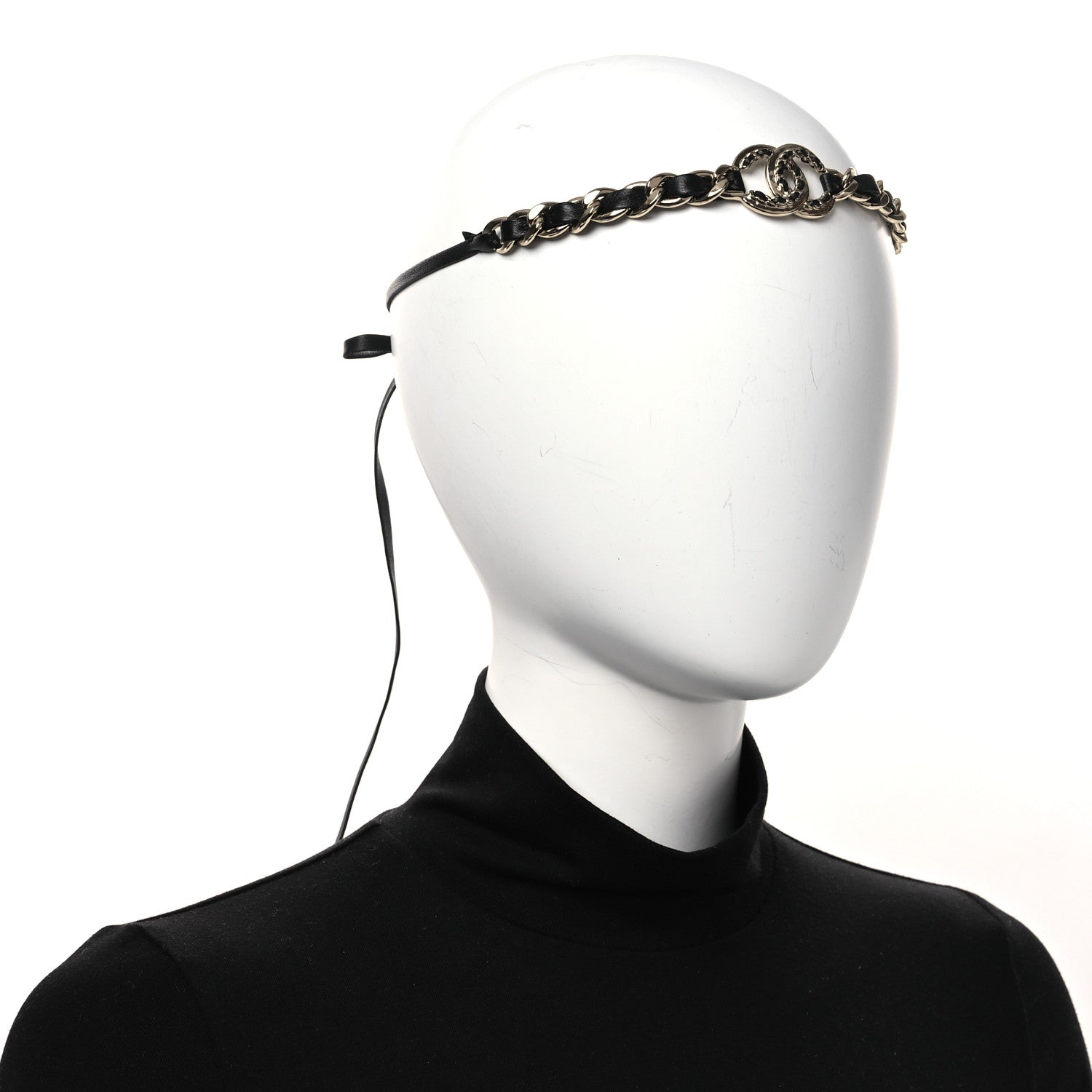 Metal Lambskin Crystal CC Chain Tie Headband Gold Black