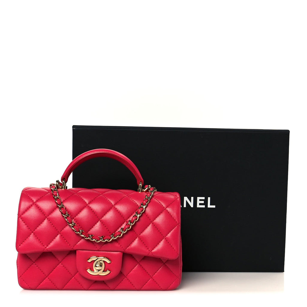 Chanel Lambskin Quilted Mini Top Handle Rectangular Flap Fuchsia