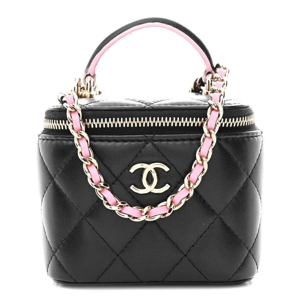 Chanel Lambskin Quilted Top Handle Mini Vanity Case With Chain Black Pink