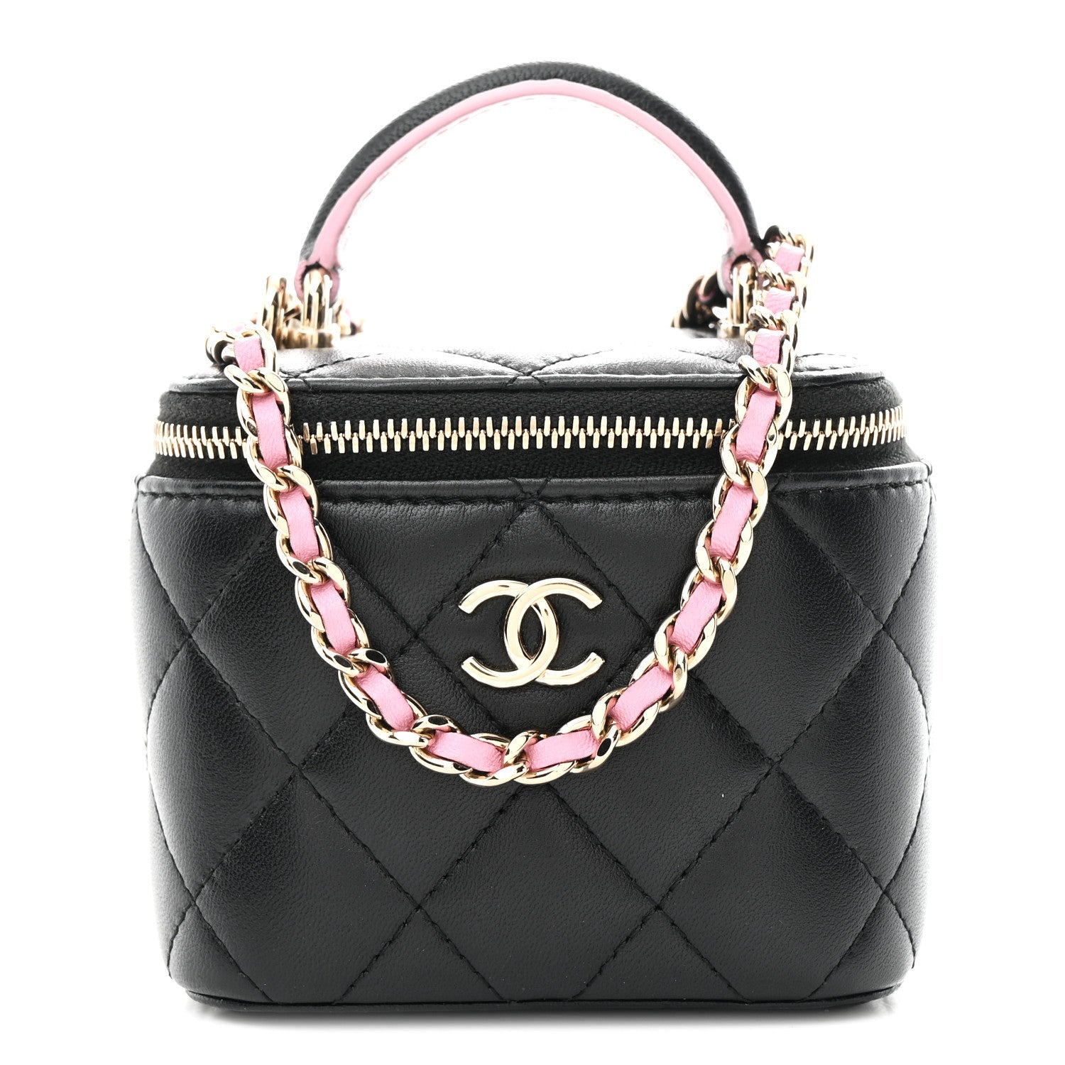 Chanel Lambskin Quilted Top Handle Mini Vanity Case With Chain Black Pink