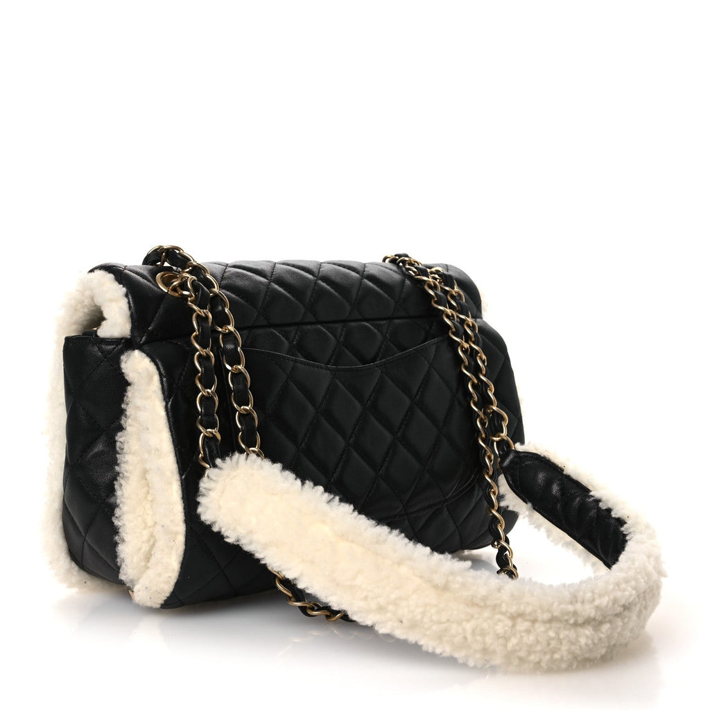 Chanel Lambskin Shearling Large CC Flap Bag Black White