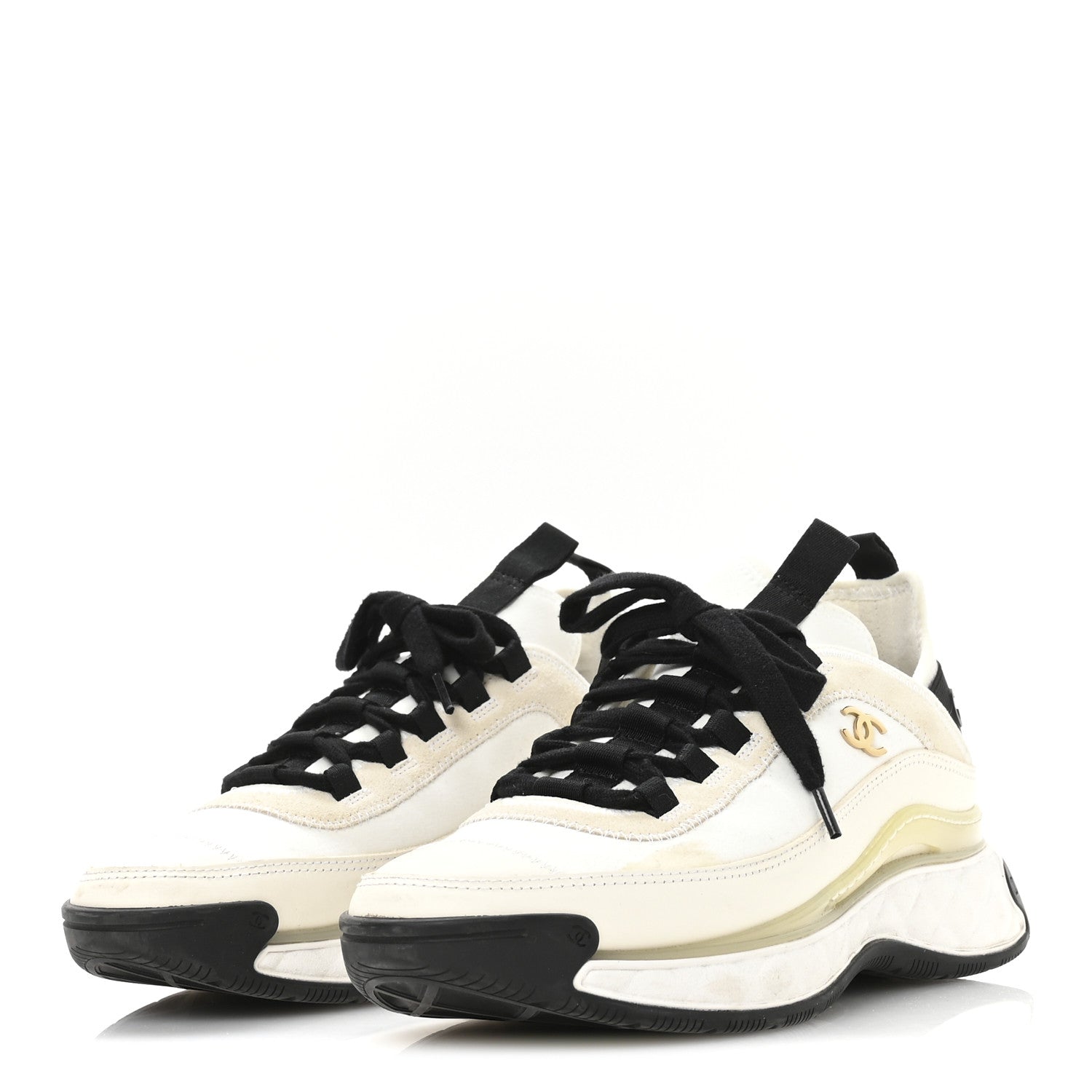 Chanel Velvet Calfskin Mixed Fibers CC Sneakers 38 Ivory Black