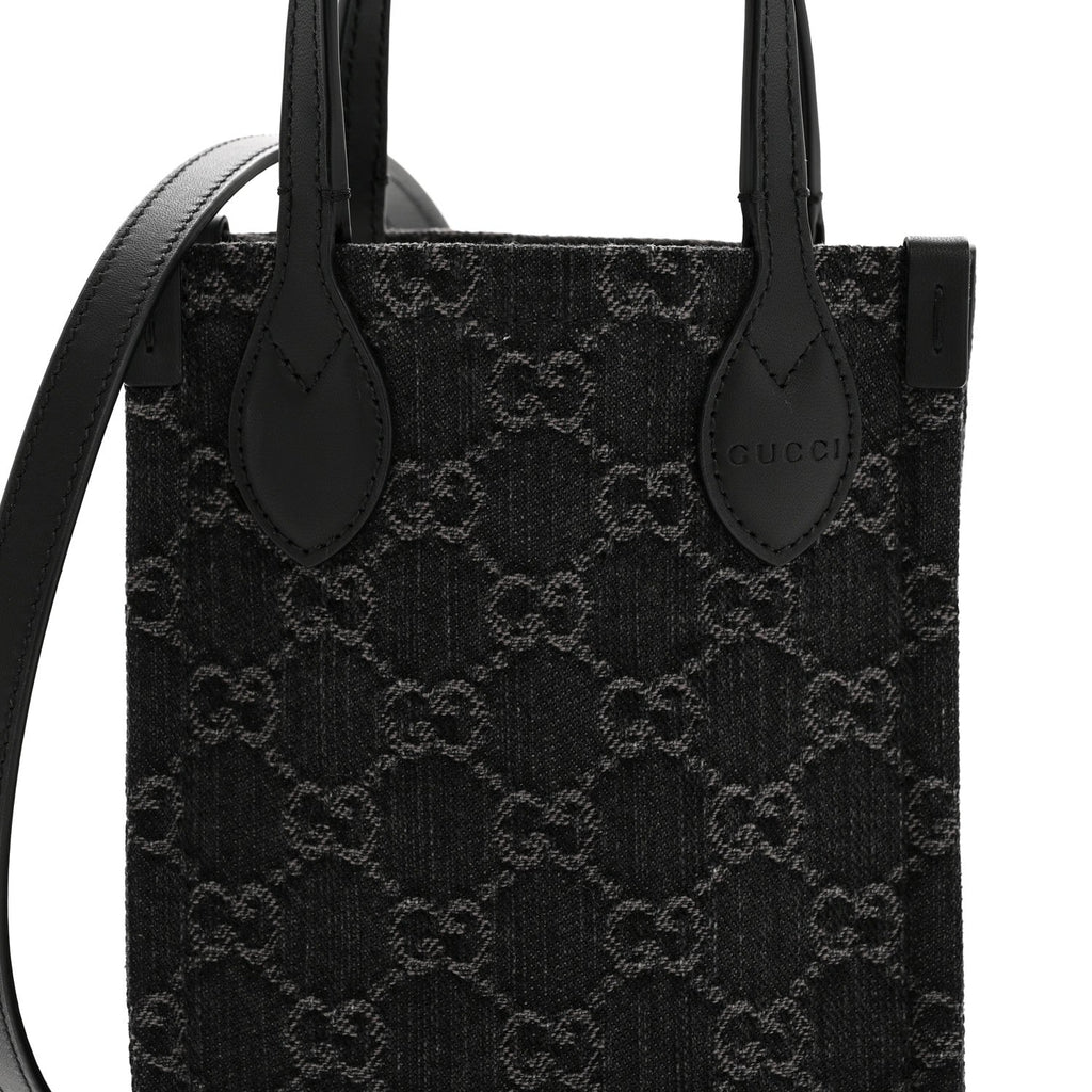 Gucci Denim Cuoio Harness GG Monogram Mini Ophidia Tote Bag Black Medium Grey