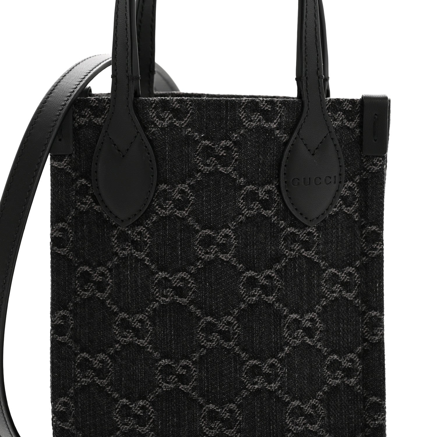 Gucci Denim Cuoio Harness GG Monogram Mini Ophidia Tote Bag Black Medium Grey