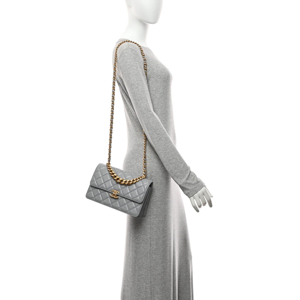 Chanel Caflskin Quilted Dual Handle Chain Flap Bag Grey